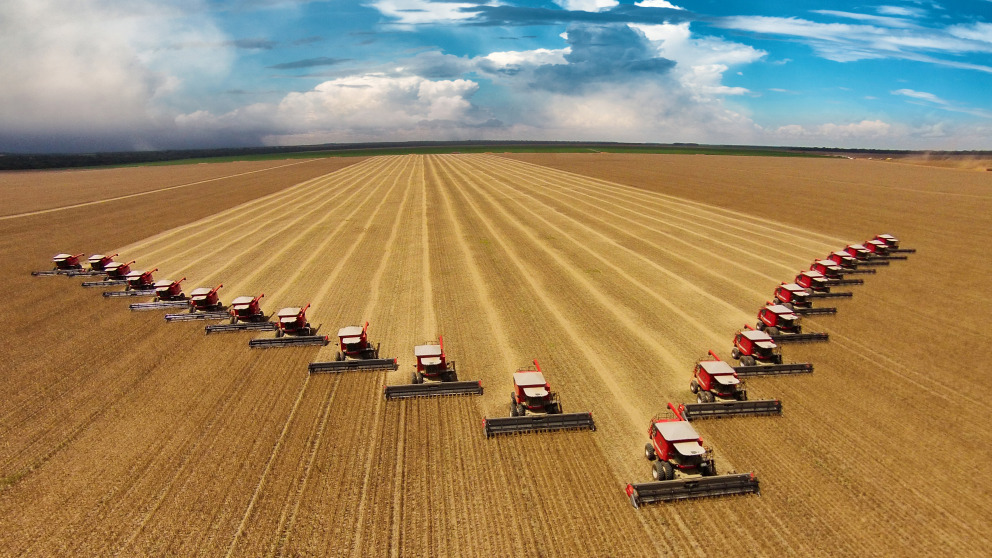 Combines harvest soybeans in Brazil: Higher ozone concentrations reduces the yields of many crops.